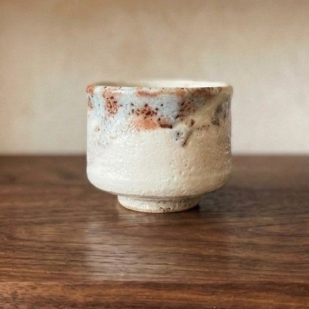 Handmade Studio Pottery Cup Cream Brown Blue Wabi Sabi Ceramic Sake Vessel